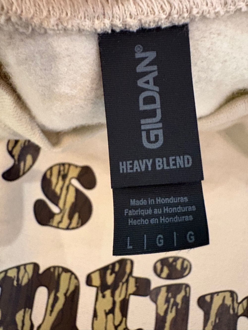 Gildan Cream Women's 'He's Hunting.' Crewneck Sweatshirt - Camouflage Text - Picture 3 of 4